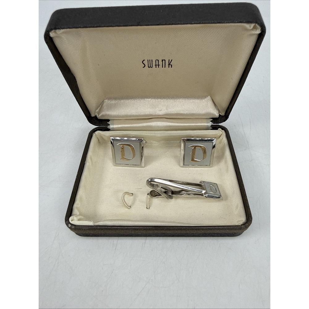 Vintage Swank Gold Tone "D" Cuff Links & Tie Clip